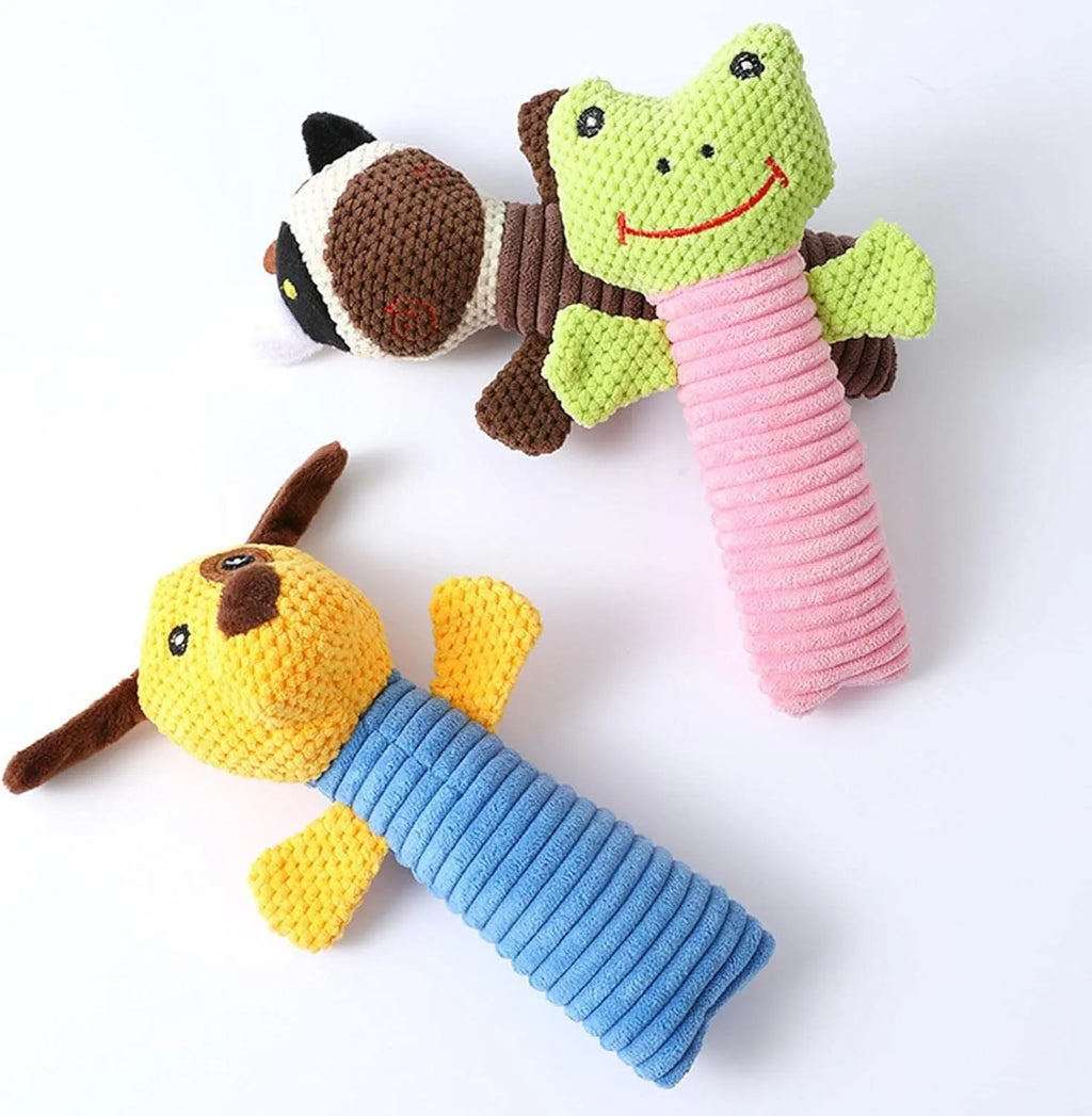 Dog squeaky toy stuffed animal dental chew toy in calves, frogs or puppies design