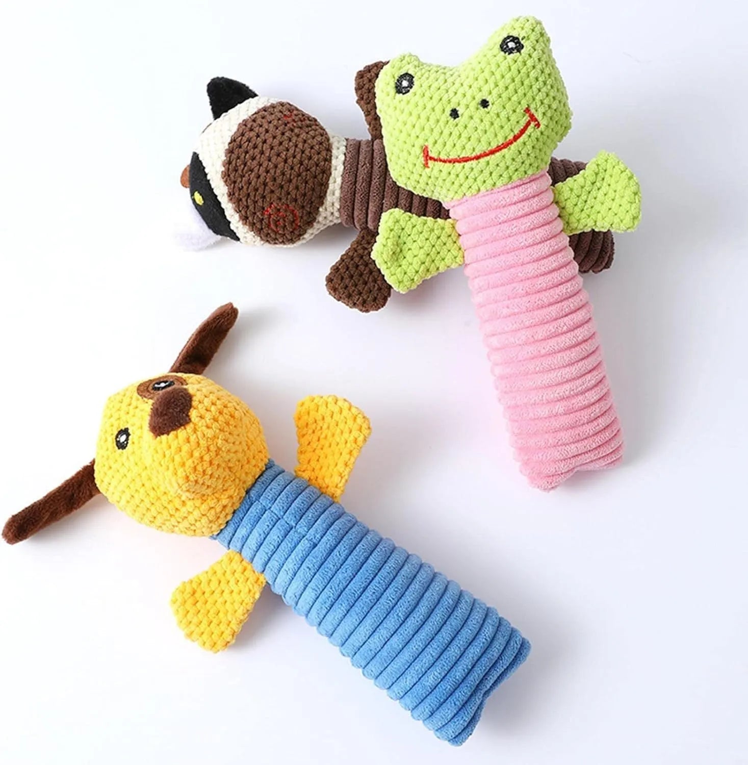 Dog squeaky toy stuffed animal dental chew toy in calves, frogs or puppies design