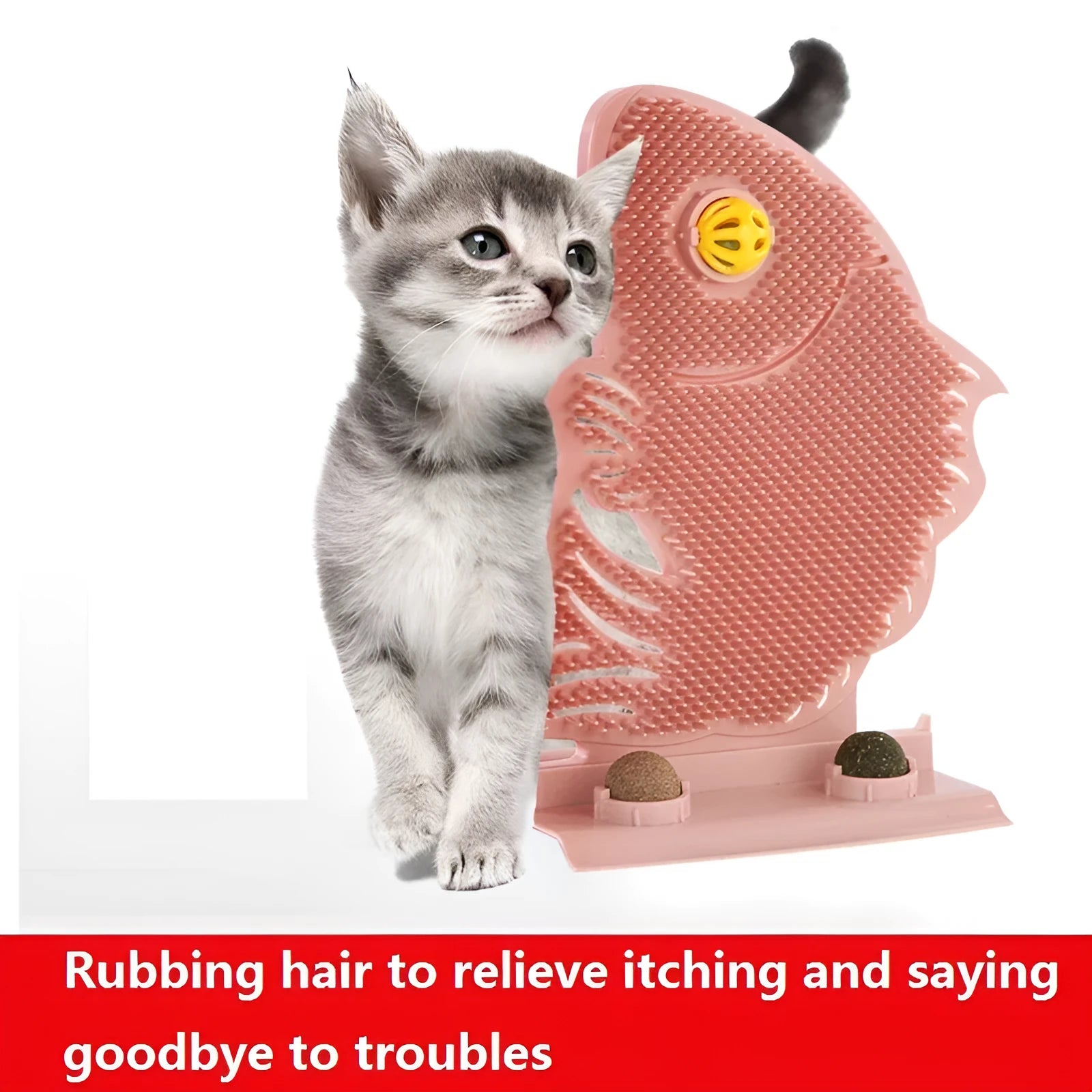 Cat toy fish-shaped wall scratcher with catnip ball and bell on wall, available in blue grey pink plastic 31cm
