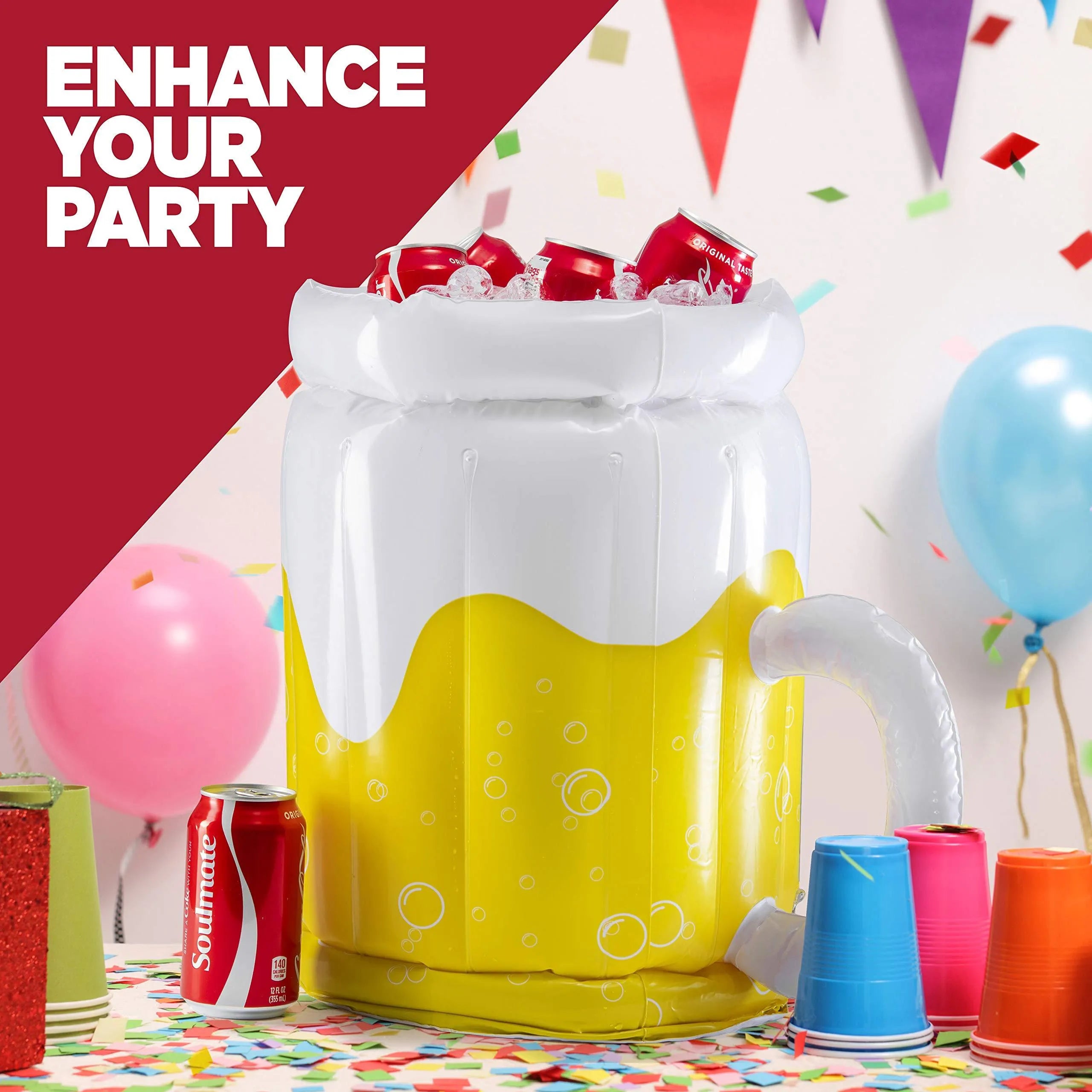 Large yellow inflatable beer mug cooler float holding drinks in a swimming pool
