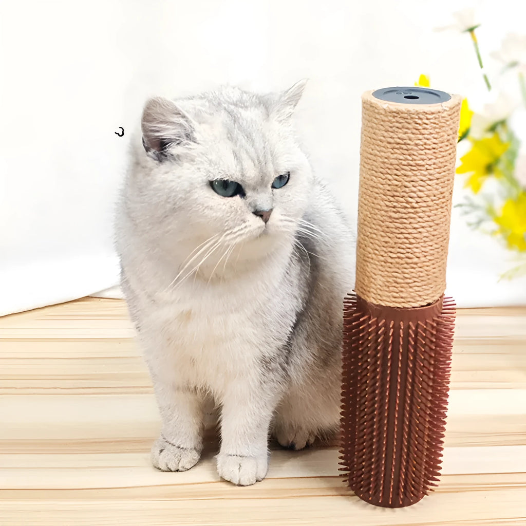 A brown sisal rope cat scratching post standing 30cm tall on a wooden base.