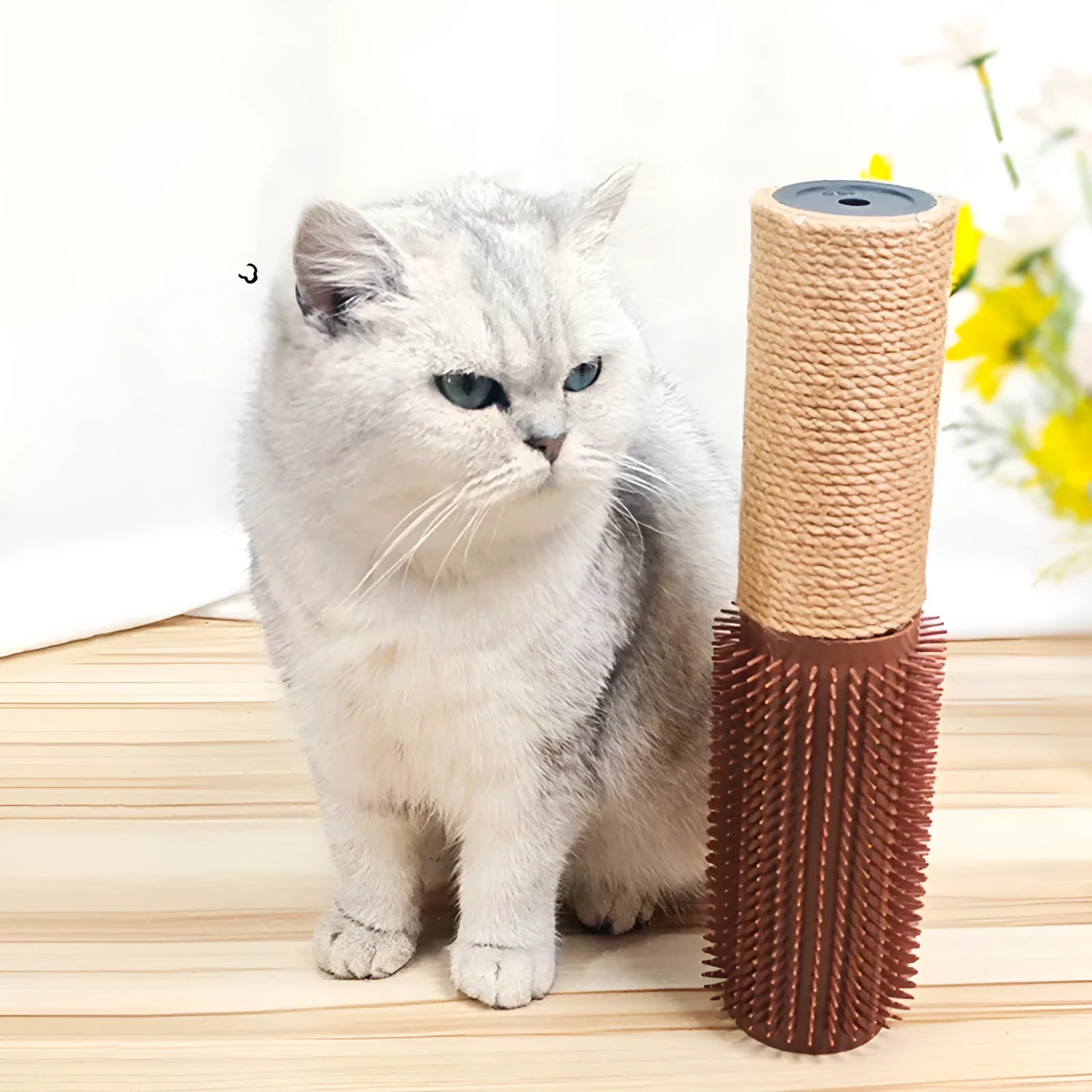 A brown sisal rope cat scratching post standing 30cm tall on a wooden base.