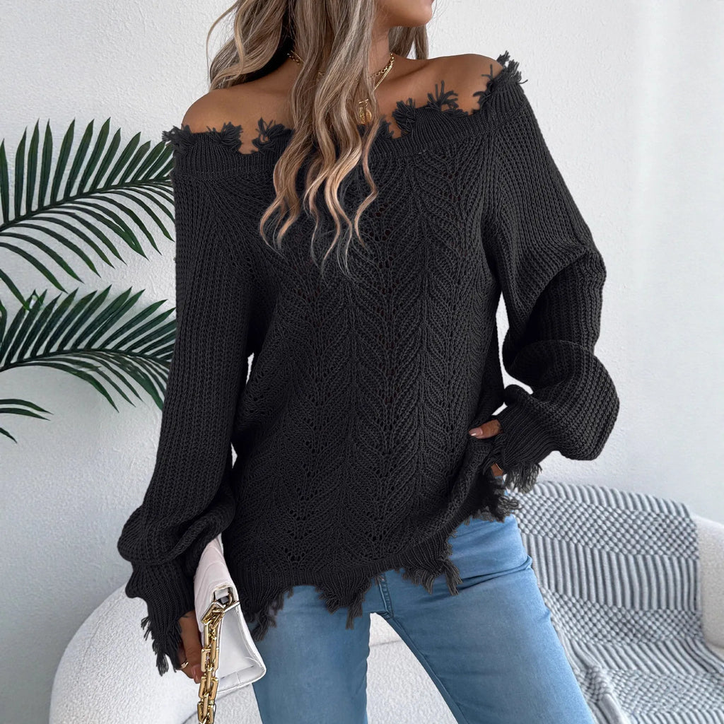 Hollow-out cut off-the-shoulder pullover sweater in artificial wool fabric available in white, orange and black colours