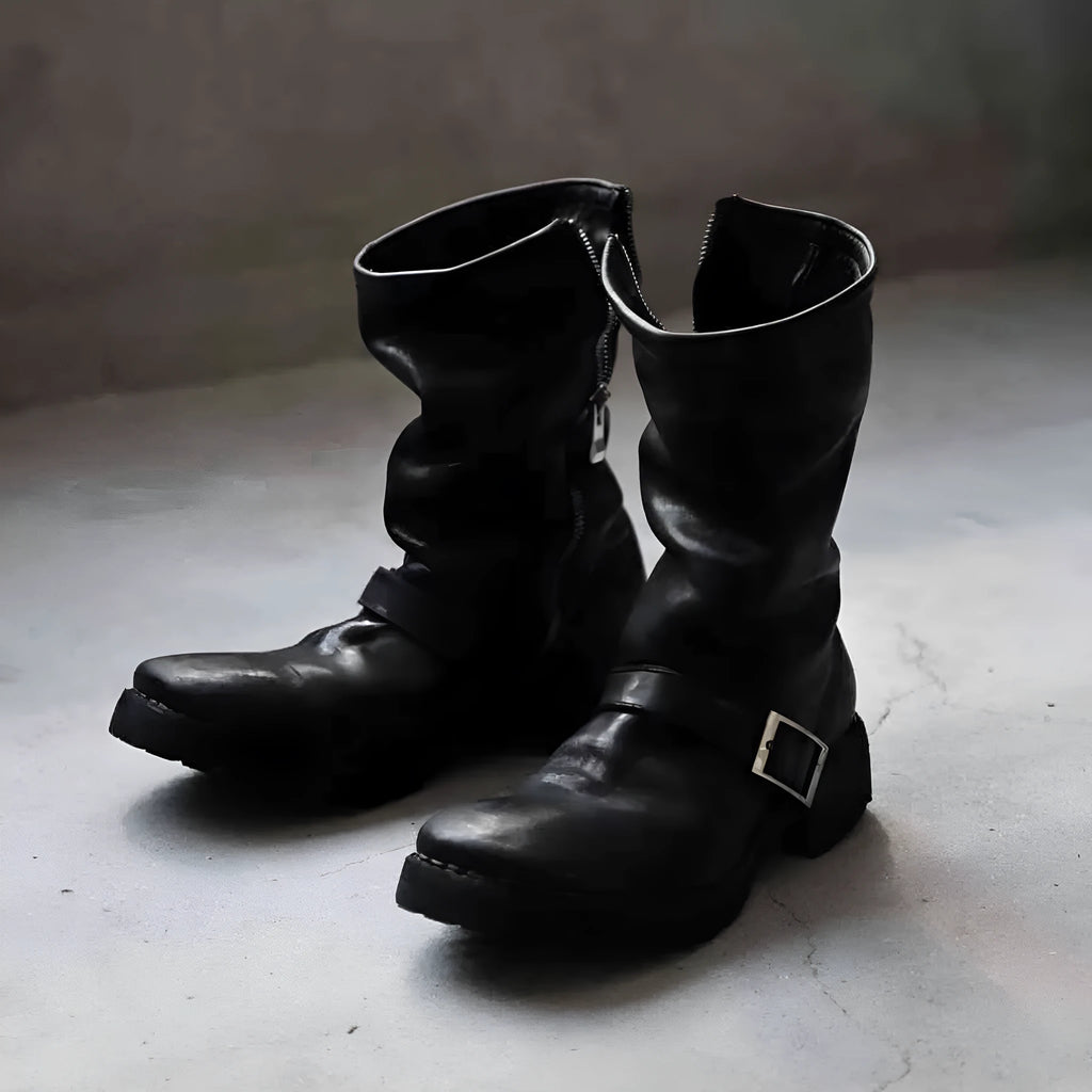 Men's black retro style Martin boots with side zipper closure and round toe