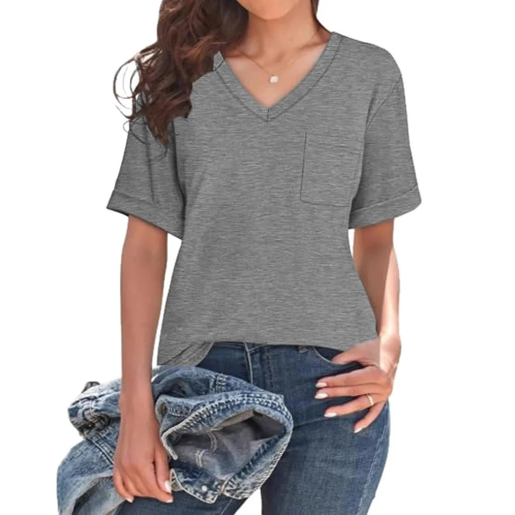 Grey loose fit V-neck short sleeve t-shirt on a hanger