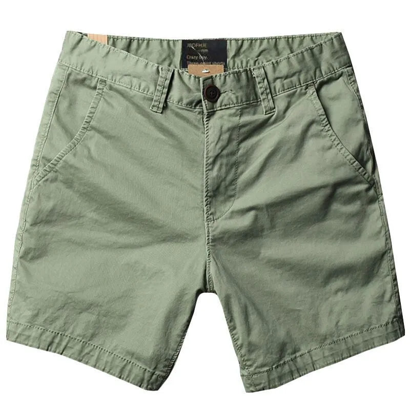 Men's pure cotton loose straight-leg shorts in solid colour with zipper fly, front view