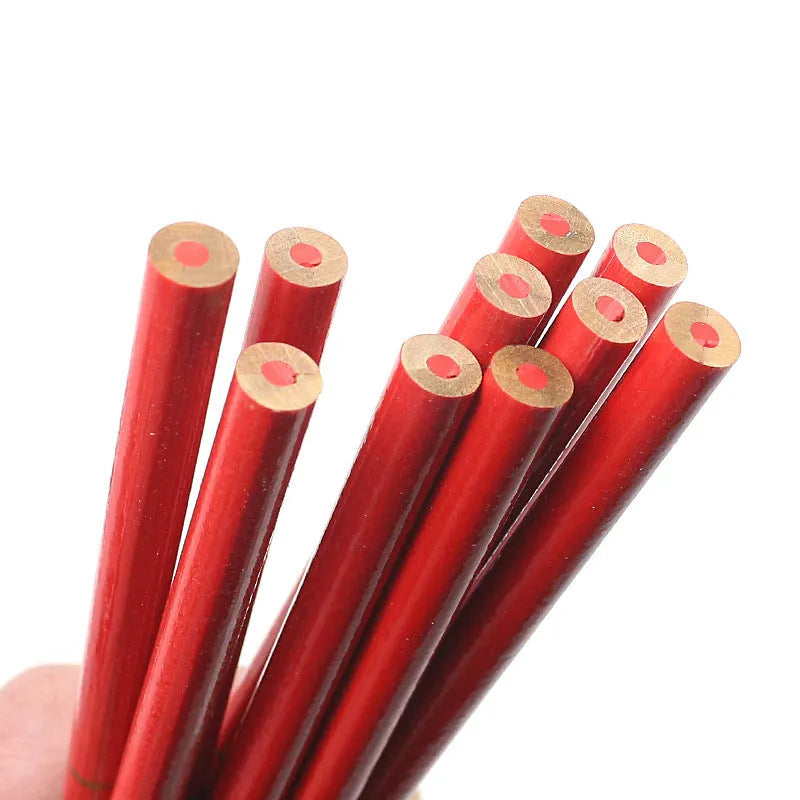 Red and blue carpenter pencils in wooden casing, 10-piece set for woodworking and construction marking