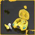 Wireless Bluetooth gaming headset with earplug-style bilateral design in black grey, yellow, or cool black colours