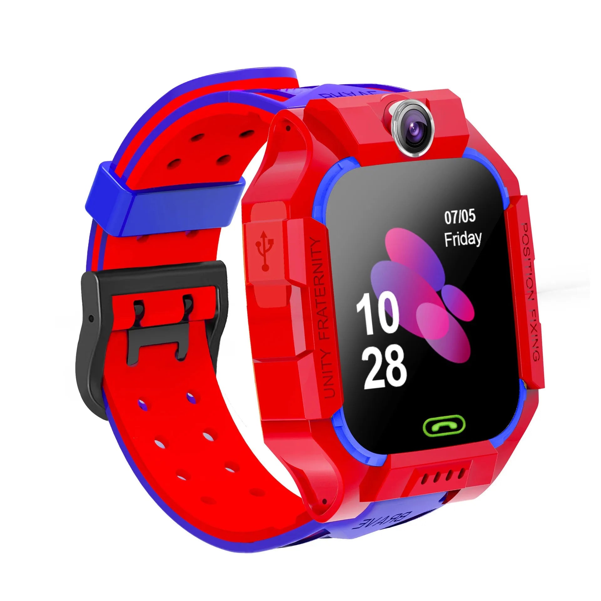 Student smart watch with pink silicone strap and touch screen, double anti-fall tempered film