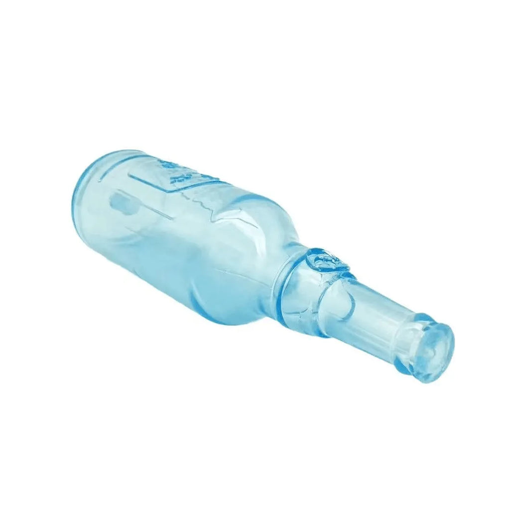 Blue water bottle dog toy with squeaker at tail and internal moving ball for aggressive chewers on white background