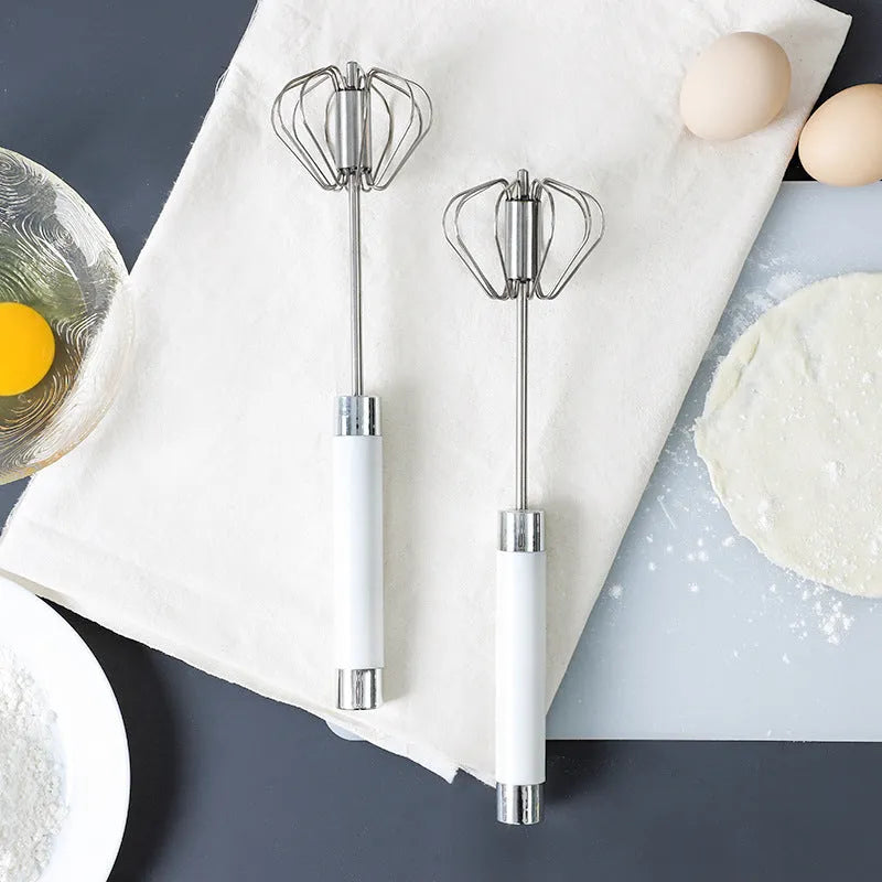 Semi-automatic stainless steel egg beater whisk with hand pressure rotating handle, 10 steel wires, silvery and white colours