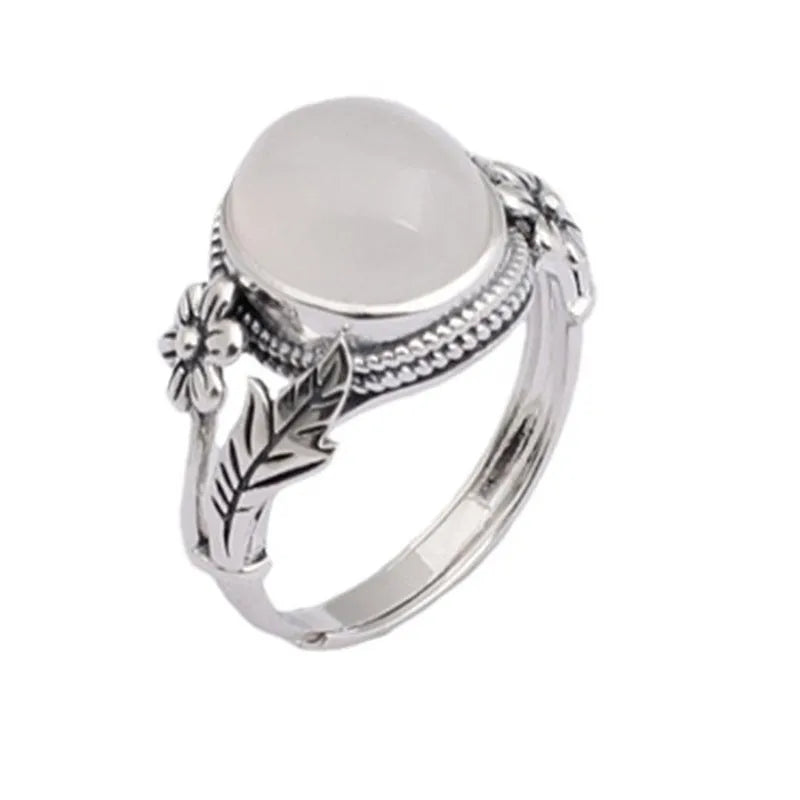 Adjustable opening copper vintage ring with imitation white chalcedony stone and U-shaped design