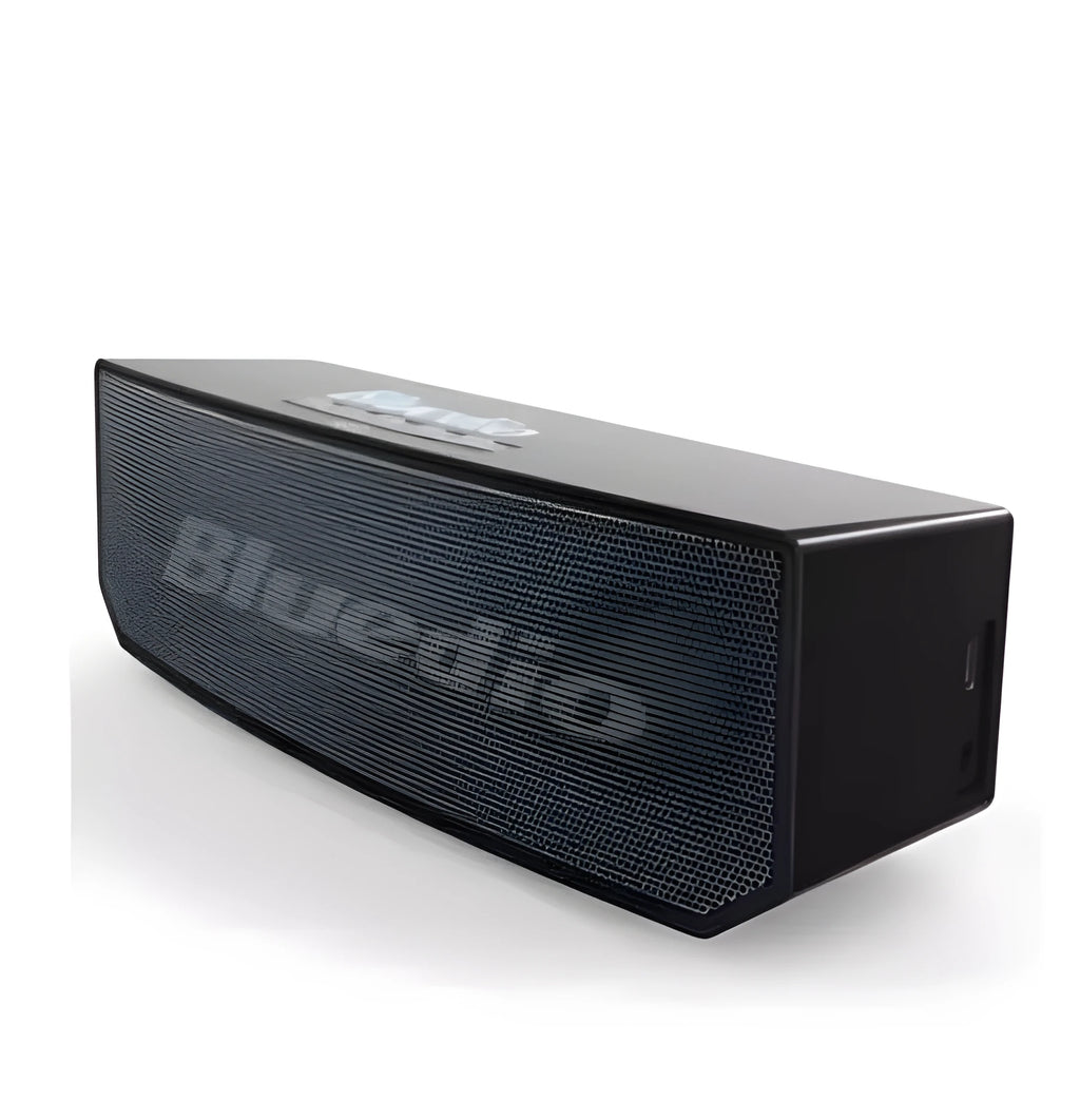 Black rectangular Bluetooth speaker with grille front showing 52mm drivers