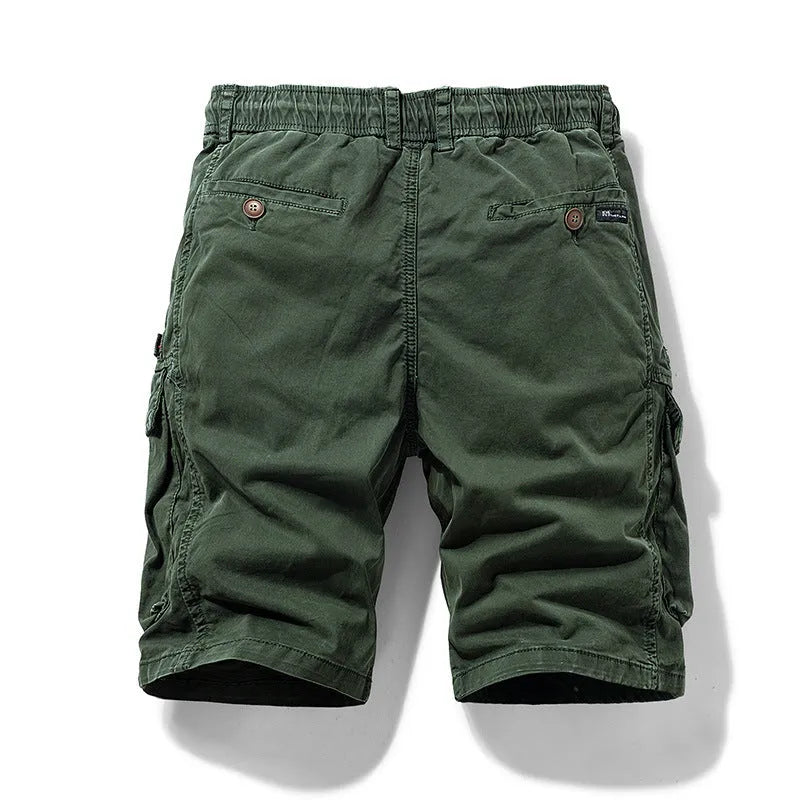 Men's Korean-style cotton shorts with zipper and multiple pockets in Army Green colour