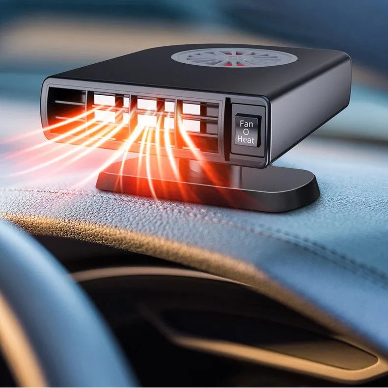 Black compact vehicle-mounted defroster and heater with 360-degree rotation on car dashboard.