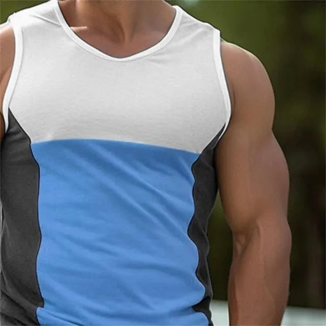 Men's blue cotton blend sports vest showing European American sizing and sleeveless athletic design