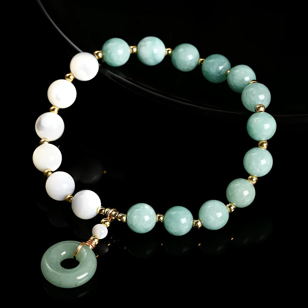 Natural horseshoe screw Burma jade safety buckle bracelet with 8mm blue beads and copper setting for women