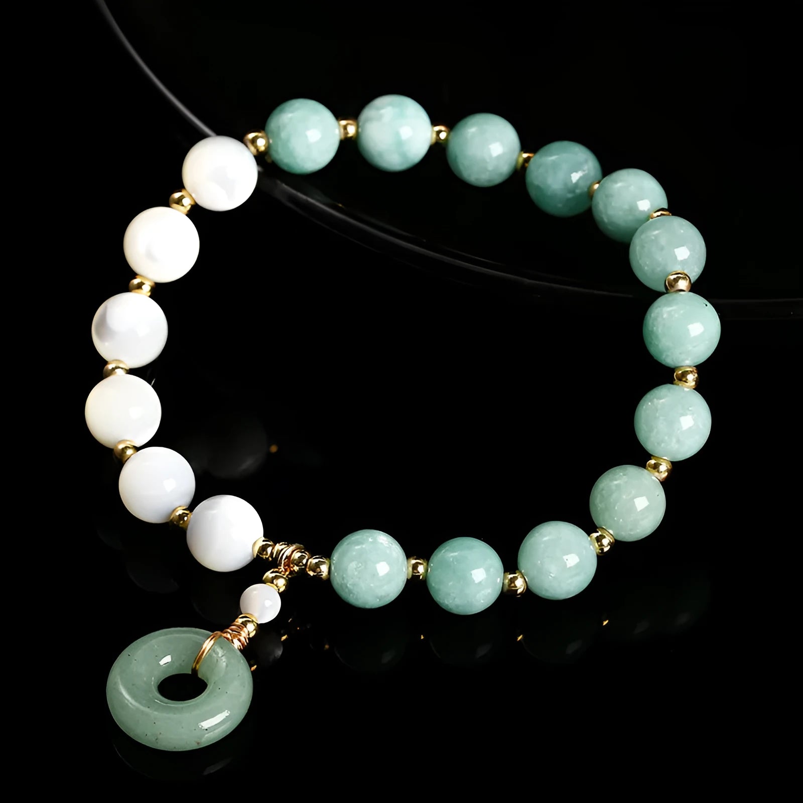 Natural horseshoe screw Burma jade safety buckle bracelet with 8mm blue beads and copper setting for women