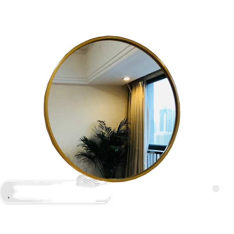 Round iron bathroom wall mirror in black finish, 30cm or 60cm diameter, hanging on a tiled wall for dressing and makeup use
