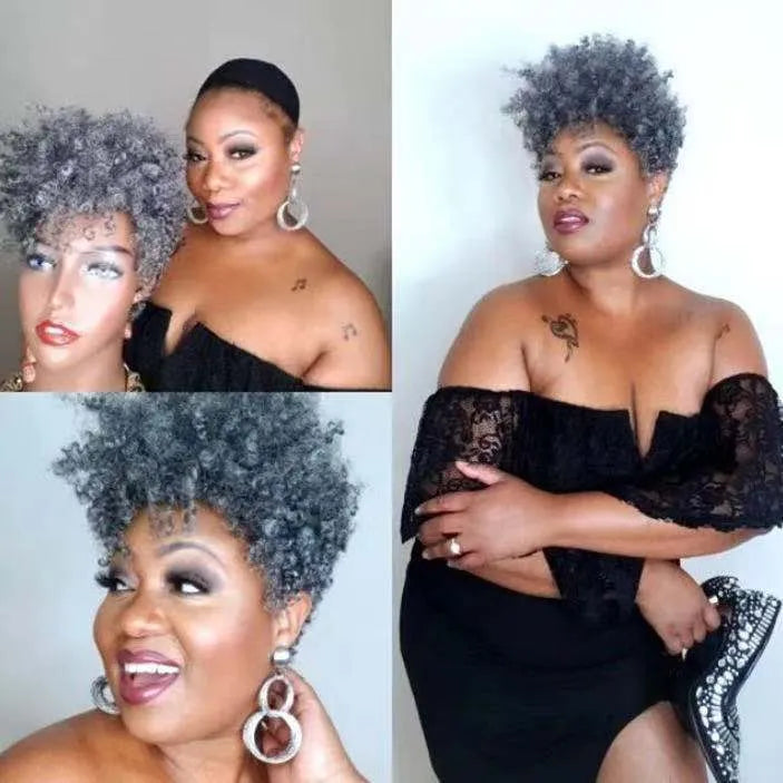 Short synthetic wig with exotic simple rolls styling in Kanekalon fibre on a wig stand.