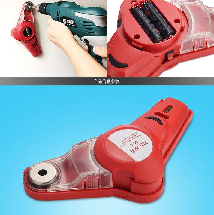 Red portable infrared and line laser level for woodworking punch positioning on a work surface