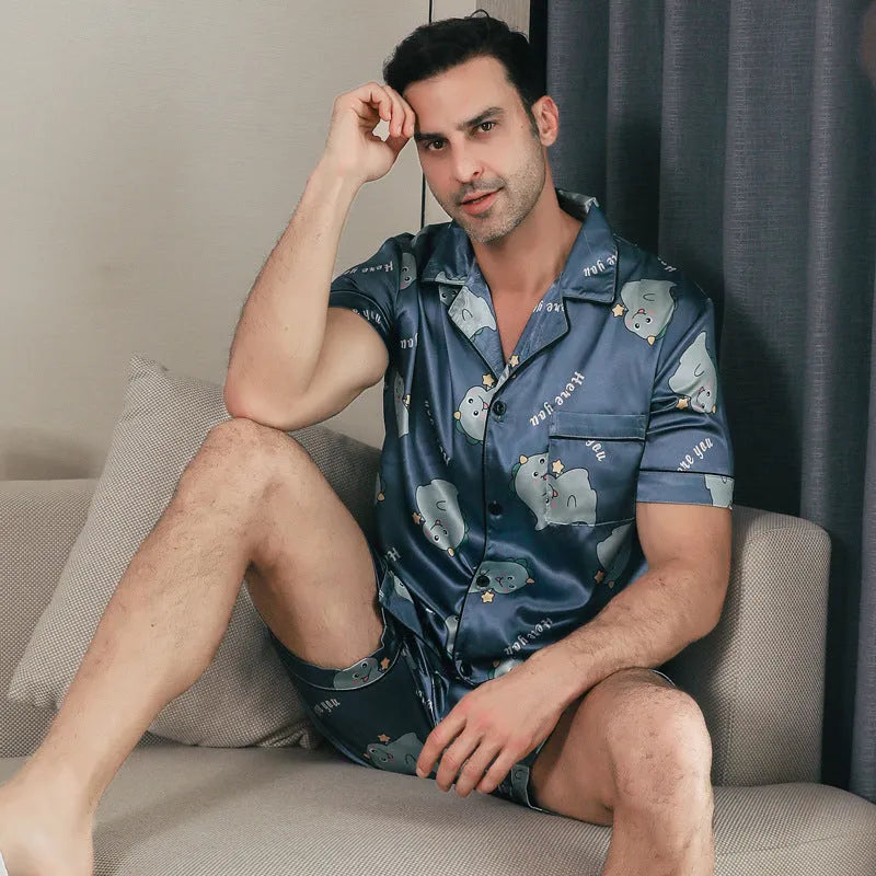 Ice silk men's short sleeve cardigan pajama set in picture style colour, including top and pants, shown on a model.