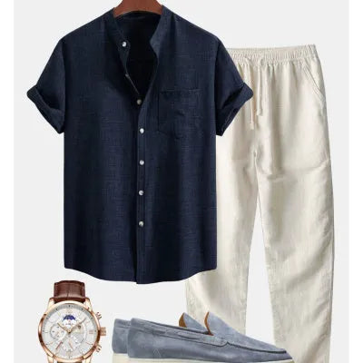 Men's stand collar slim-fit digital print short-sleeved shirt in blue set, with matching trousers, shoes, and watch