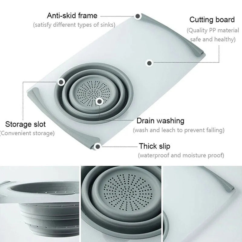Multi-functional 3-in-1 chopping board with detachable folding drain basket in grey, 50x28.5cm
