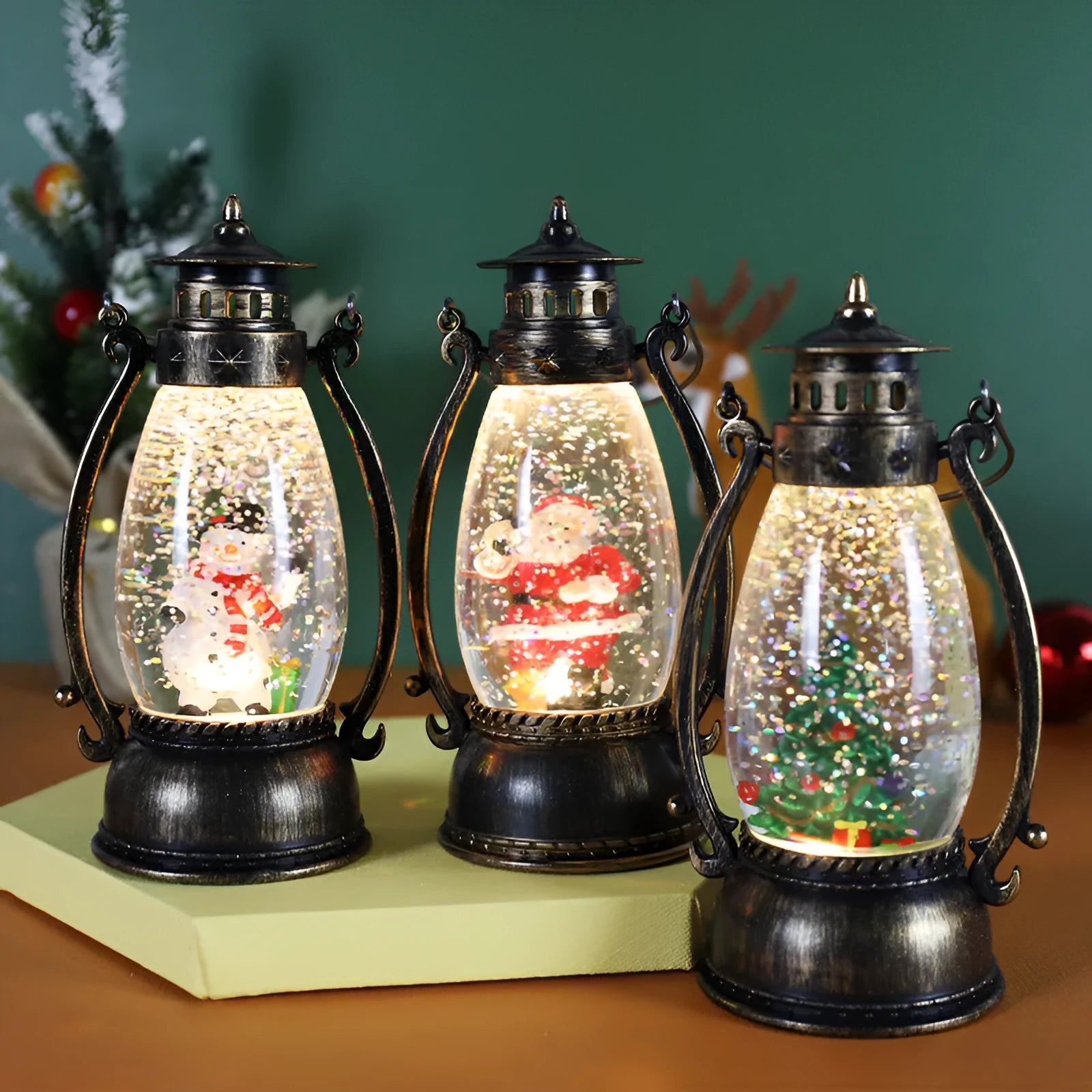 Crystal ball portable oil lamp Christmas ornament with plastic construction and paper-detailed seasonal figure
