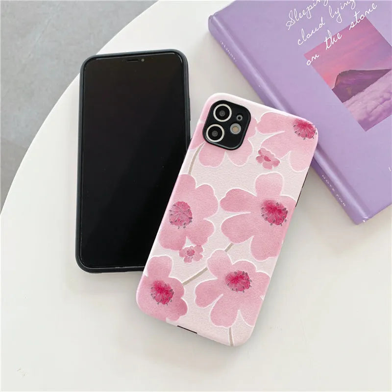 Pink flower phone case soft rubber protective shell with lanyard hole for Apple iPhone 11