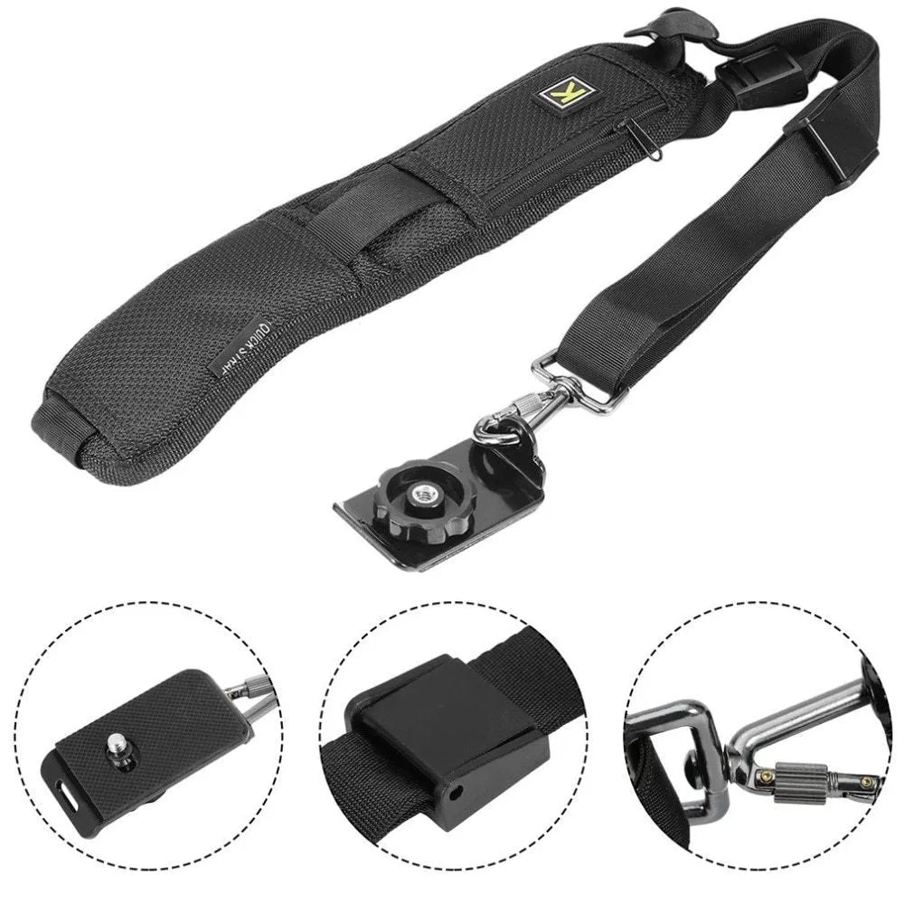 Black nylon single shoulder sling strap for DSLR camera with quick-adjust buckle and 75mm shoulder pad