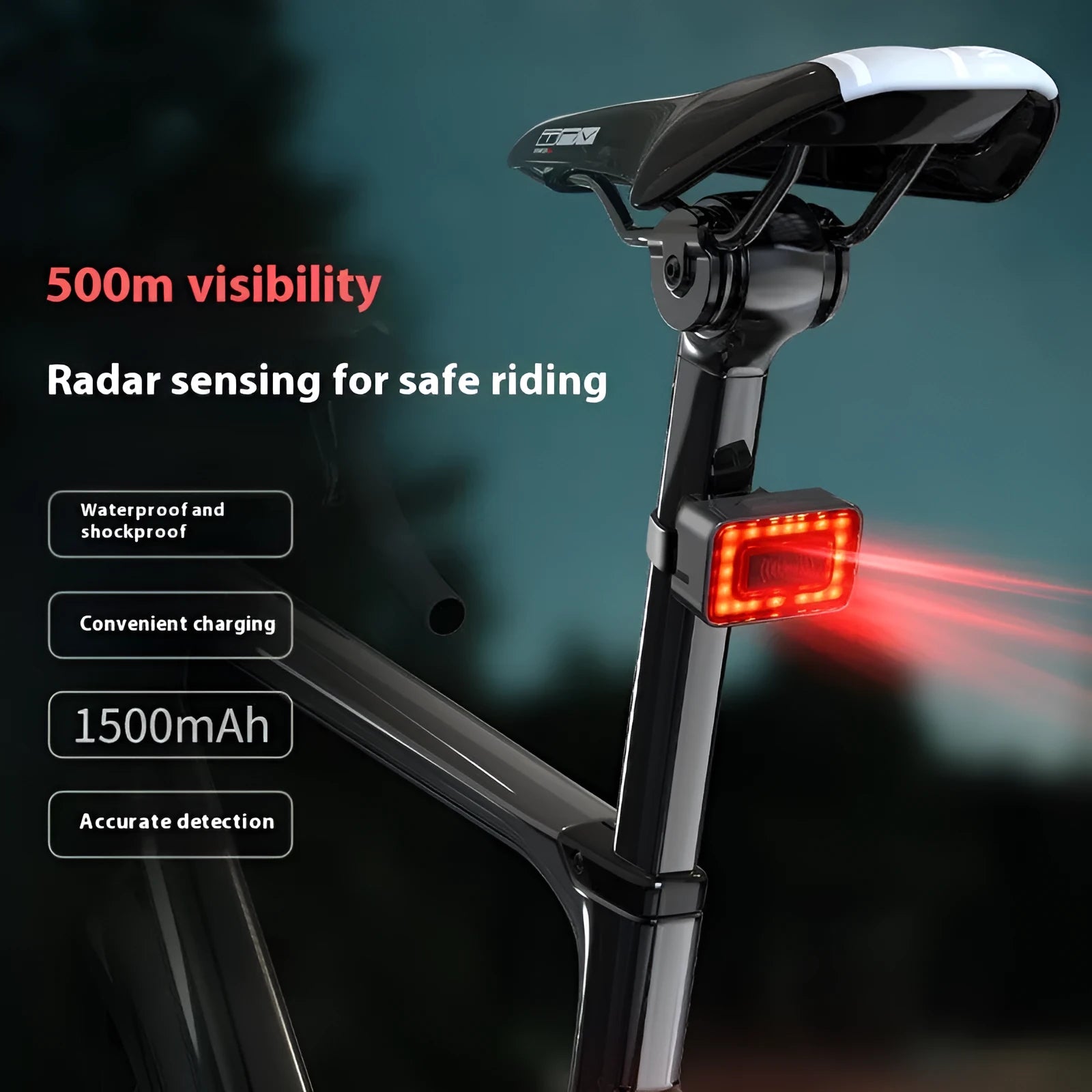 Bicycle radar taillight with millimeter wave detection showing dual mounting brackets