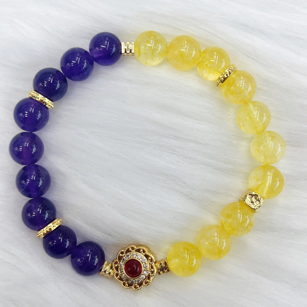 Handmade women's bracelet with yellow and purple amethyst crystal beads