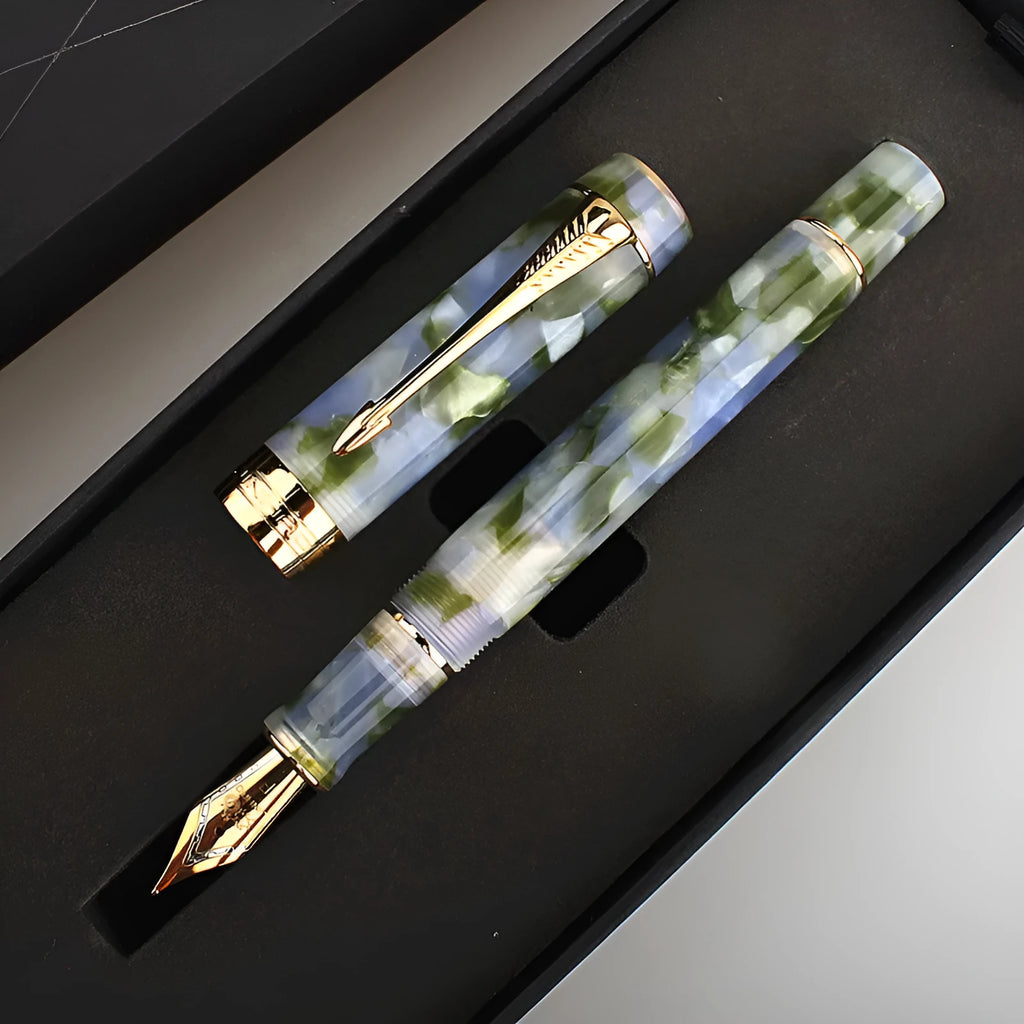 Deep bath green metal ballpoint pen shown with a choice of fine, medium, and art tip options.