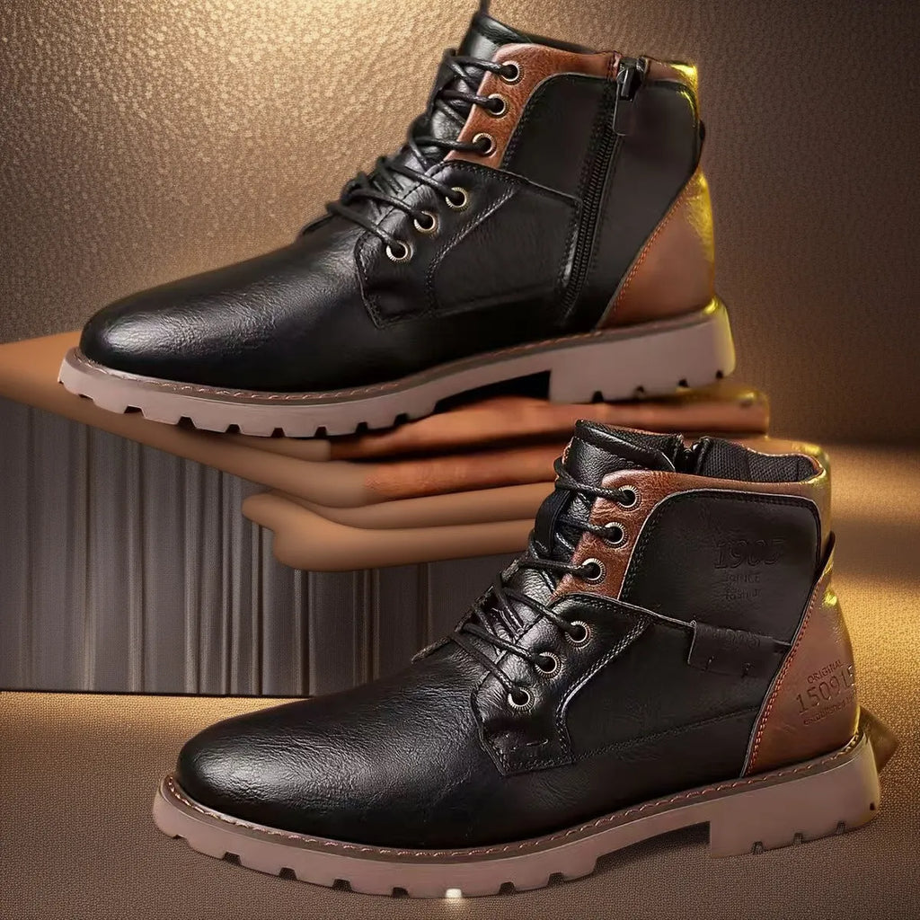Men's black martin ankle boots with side zip, round toe, and rubber sole on a neutral background