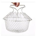 Stainless steel foldable deep fry basket with handle, 23cm size, on a kitchen counter