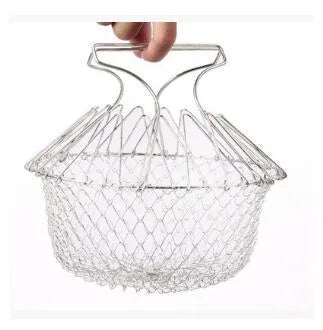 Stainless steel foldable deep fry basket with handle, 23cm size, on a kitchen counter
