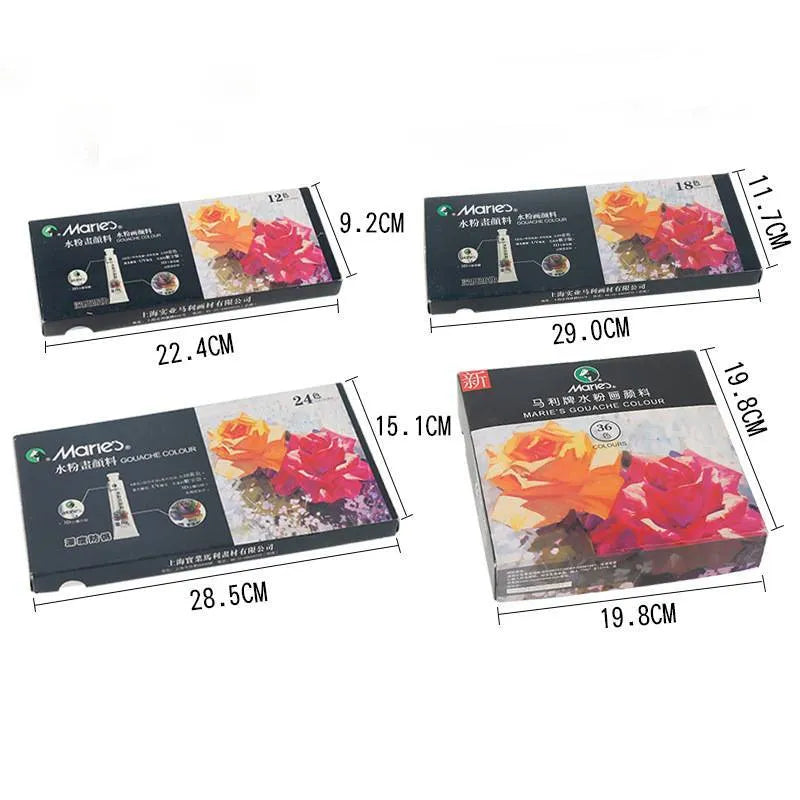 Gouache paint set with multiple colour tubes in a box, available in 12, 18, and 24 colour options with 5ml or 12ml tubes
