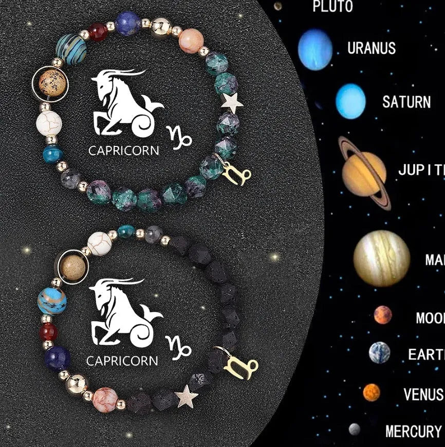 Natural stone beaded bracelet set showing two bracelets with zodiac sign charms.