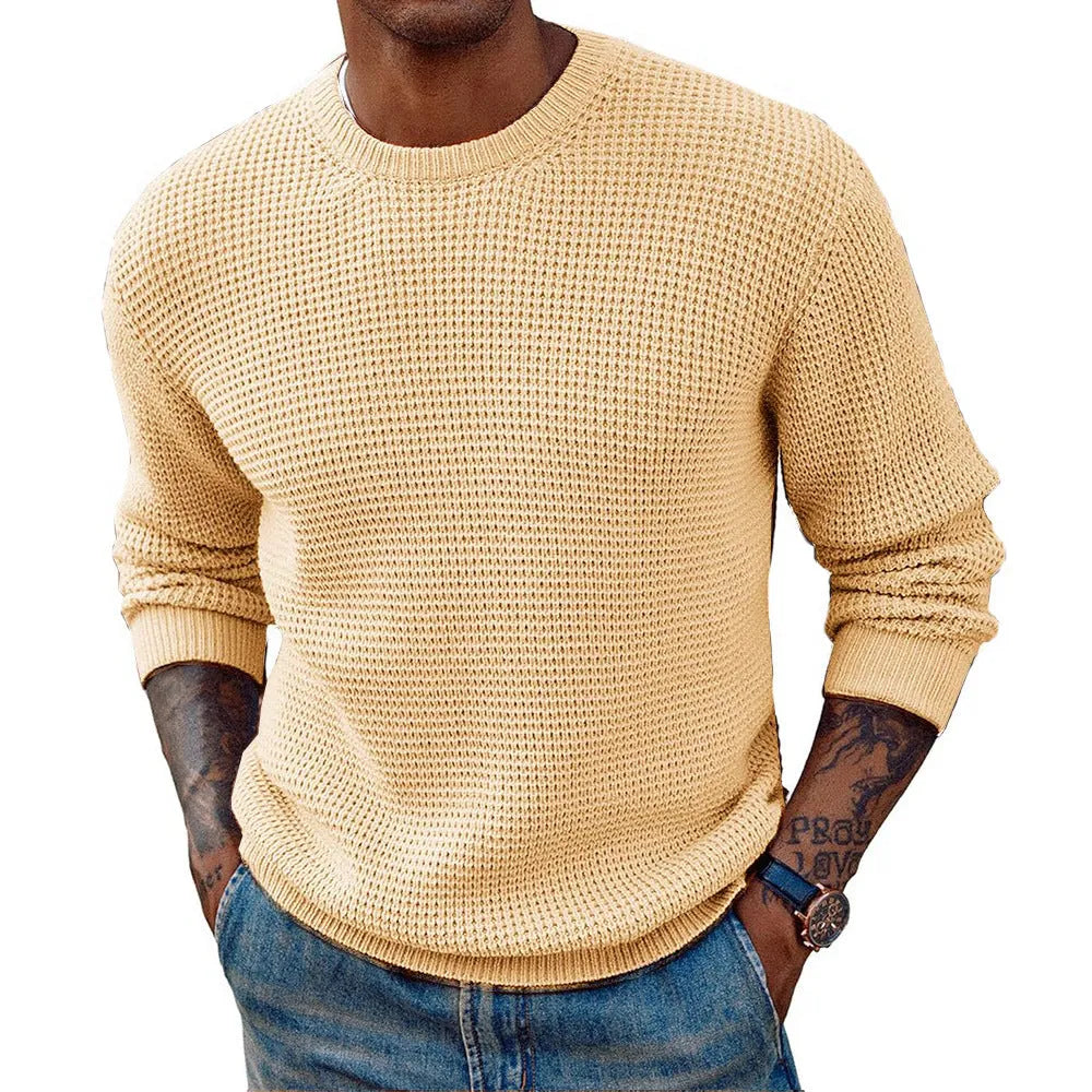 Men's solid colour round neck sweater pullover in beige, available in multiple sizes from S to 3XL