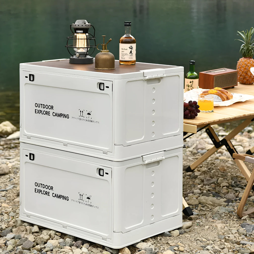Large Nordic green foldable plastic storage box with wooden lid, 45L capacity.
