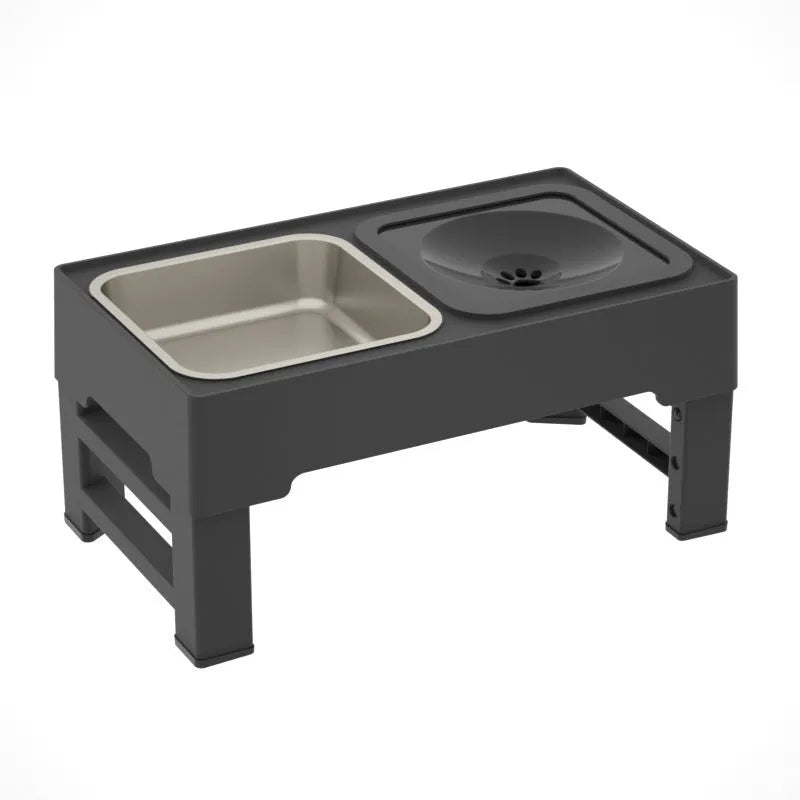 Adjustable dog feeding stand with two stainless steel bowls, set to medium height, black and grey colour