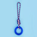 Blue braided rope dog chew toy with knots, measuring 43cm long
