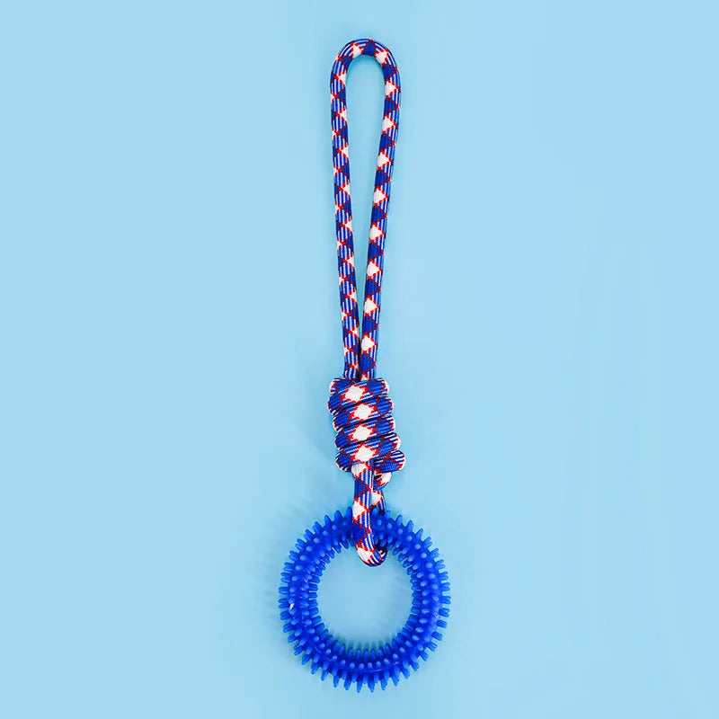 Blue braided rope dog chew toy with knots, measuring 43cm long