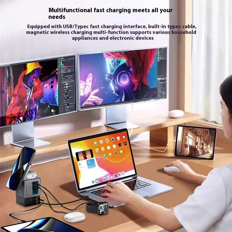 105W GaN magnetic wireless charger in black with interchangeable UK EU US AU power plugs