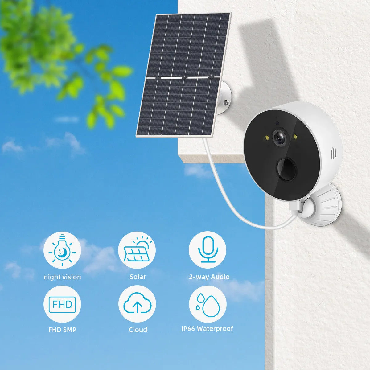 Solar powered outdoor security camera with solar panel for garden and property monitoring