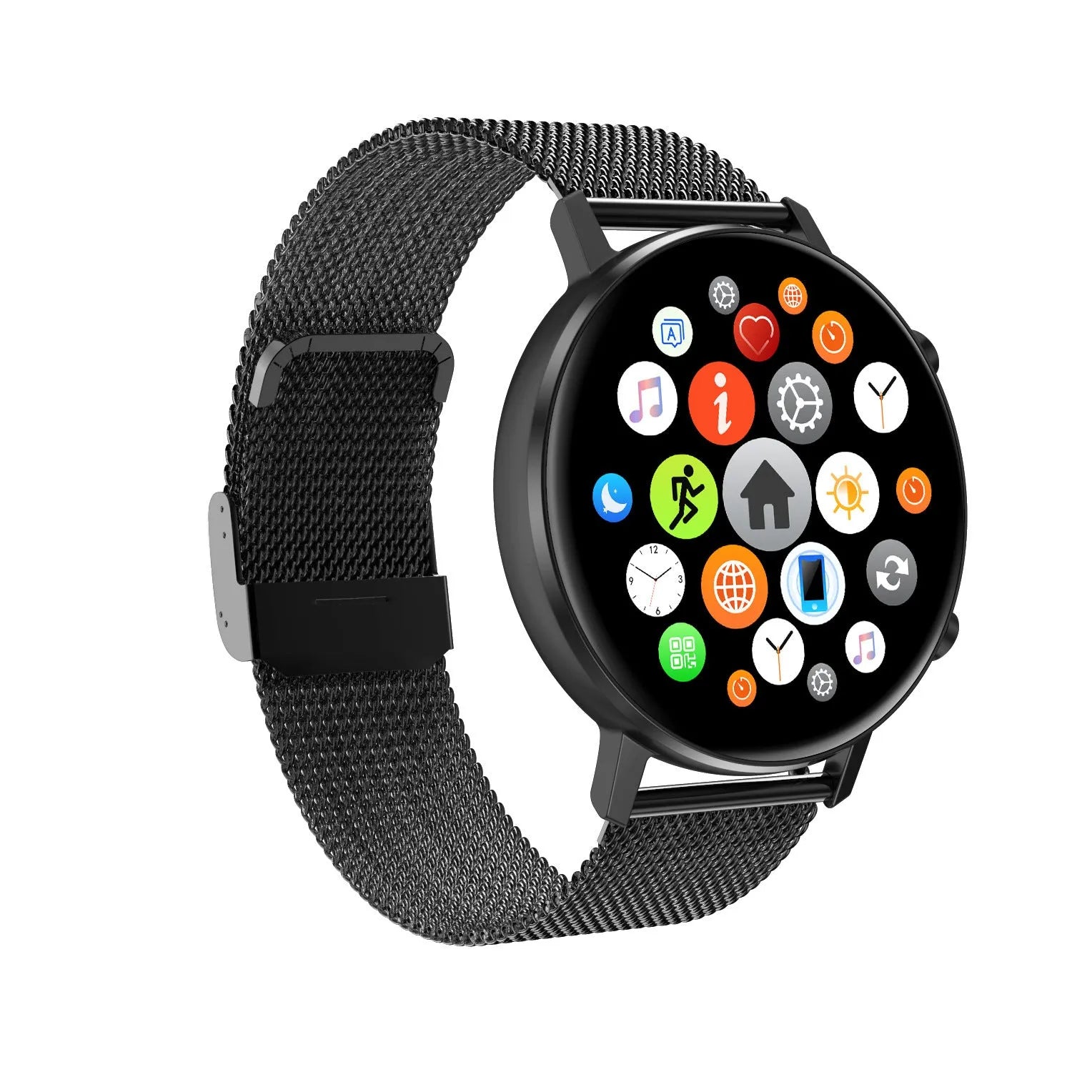 DT96 smart bracelet with stainless steel strap on a wrist, showing the 1.3-inch touch screen display.