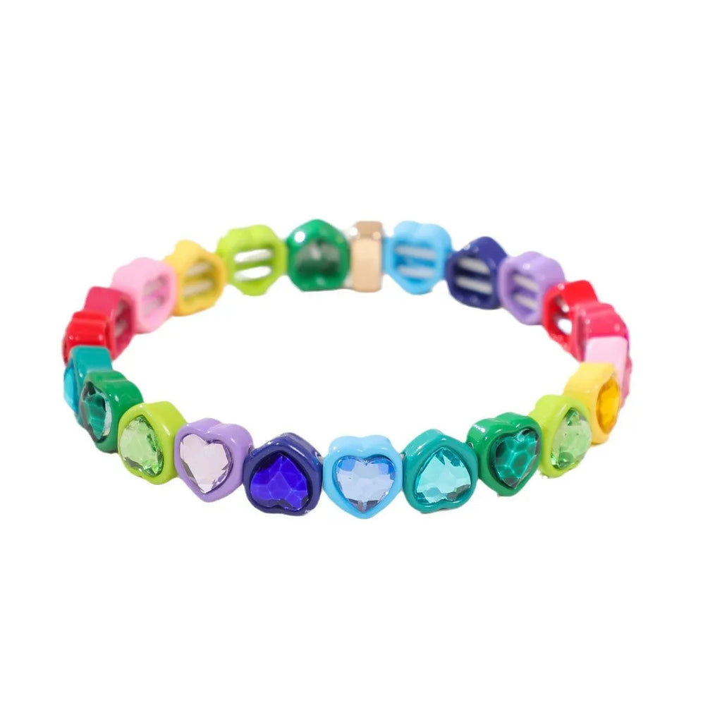 Rainbow enamel alloy heart stretch bracelet in TCSL003 colour variant on a white background
