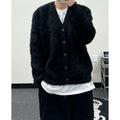 Mohair American Retro V-neck sweater coat in black, loose fit pullover style for teenagers