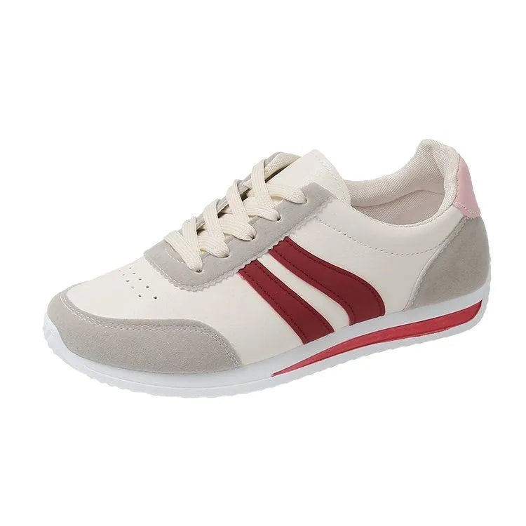 Blue and red lace-up low top sneakers with mesh upper and rubber sole